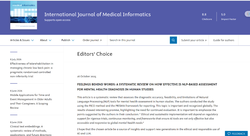 International Journal of Medical Informatics Editor's Choice Announcement